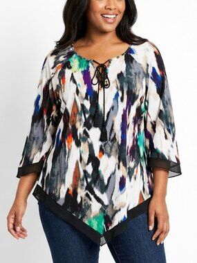 Cha Cha Vente Art to Wear Tunic 1X Whimsigoth Abstract Sharkbite Hem Tassel Tie